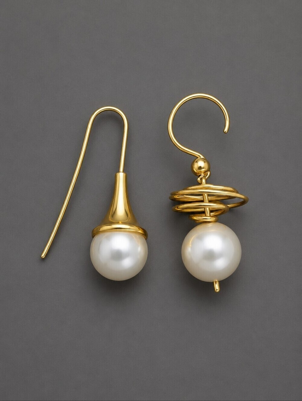Mismatched Pearlesque Drop Spiral Hook Earrings